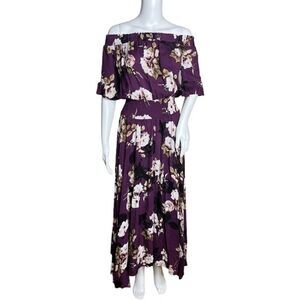 Jaase Dress Womens Small Plum Skies Purple White Floral Leah Maxi Off Shoulder‎